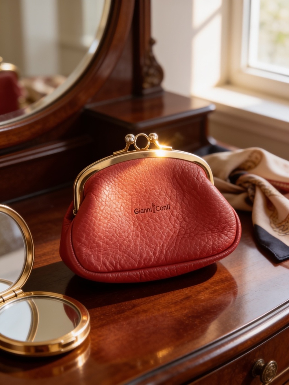 Gianni Conti Italian Leather Kiss Lock Coin Red Purse